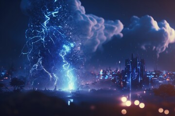 Poster - A City With A Lot Of Lightning In The Sky And A Lot Of Clouds Modern City Skyline At Sunset With Clouds Panoramic Photography Meteorology Generative AI 