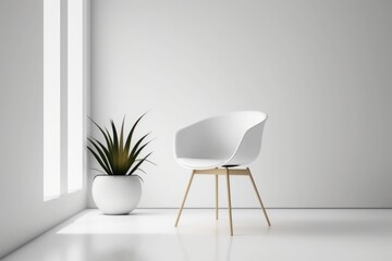Poster - a white chair and a white potted plant in a white room conference room minimalism interior photograp