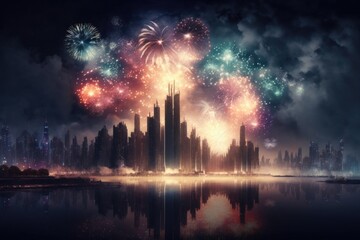 Poster - A City Skyline With Fireworks In The Sky And Water Reflecting Off The Water Modern City Skyline At Night Time-lapse Photography Fiction Writing Generative AI 