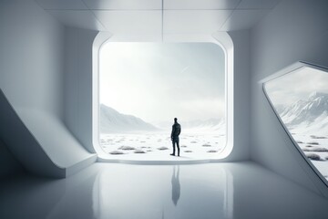 Poster - A Man Standing In A Room With A Window Looking Out At Mountains Lunar Landscape Video Art Set Design Generative AI 
