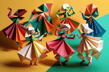 Fototapete - A Group Of Origami Dancers With Colorful Paper On A Yellow And Green Background Dance Studio Origami Motion Graphics Generative AI 