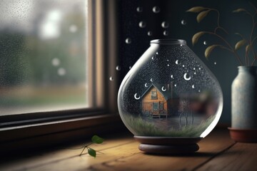 Poster - A Glass Vase With A House Inside Of It On A Table Rustic Cabin In Summer Photorealism Glass Art Generative AI 