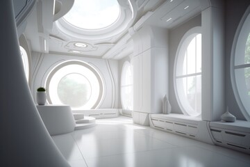 Poster - A Room With A Lot Of Windows And A White Floor With A White Chair Living Room Photorealism Interior Design