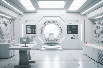 Poster - a futuristic room with a large window and a desk with a computer conference room minimalism medical 