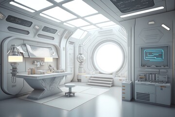 Poster - a futuristic bathroom with a sink and a large window in the ceiling kitchen photorealism interior de