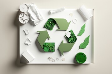 Fototapete - A White Tray With Green Recycling Symbols On It And A Green Recycling Bin Wastewater Treatment Plant Environmental Art Environmental Management Generative AI 
