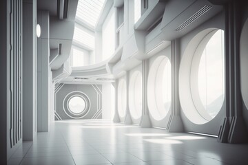 Poster - A Room With A Lot Of Windows And A White Floor With A Circular Window Abandoned Warehouse Interior Photorealism Set Design Generative AI 