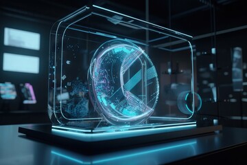 Fototapete - A Futuristic Display With A Clock Inside Of It On A Table Radio Station Video Art Motion Graphics Generative AI 