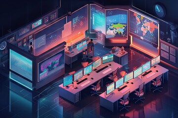 Fototapete - A Computer Lab With Multiple Monitors And Screens On The Wall And A Desk With A Lot Of Monitors Conference Room Animation Cybersecurity Generative AI 