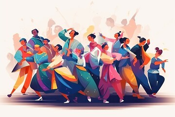 Fototapete - A Group Of People Dancing In A Colorful Dance Pose With Their Arms In The Air Martial Arts Studio Animation Chinese Culture Generative AI 