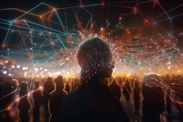 Fototapete - A Person With A Head Full Of Lines And Dots In The Background Nightclub Video Art Natural Language Processing Generative AI 