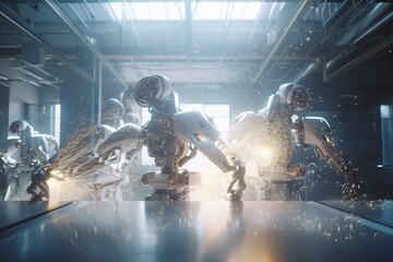 Fototapete - A Group Of Robots Are Working On A Table In A Factory Factory Animation Robotics Engineering Generative AI 