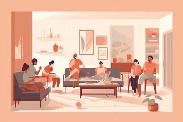 Poster - A Group Of People Sitting Around A Living Room Together In A Room Living Room Animation Motion Graphics