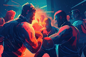 Poster - A Painting Of A Man In A Boxing Ring Surrounded By Other Men Boxing Gym Animation Digital Illustration