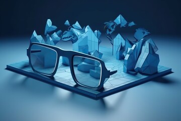 Poster - A Pair Of Glasses Sitting On Top Of A Blue Surface With A World Map In The Background Deep Sea Trench Stereoscopic Photography 3d Modeling Generative AI 