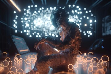 Fototapete - A Man Sitting In A Chair In Front Of A Laptop Computer Junkyard Animation Artificial Intelligence Generative AI 