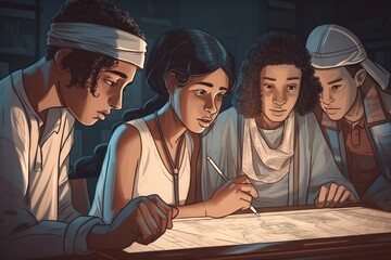 Poster - A Group Of People Sitting Around A Table Writing On A Piece Of Paper Workshop Renaissance Archaeology