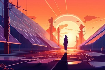 Fototapete - A Woman Standing In A Futuristic City At Sunset With The Sun Setting Oasis Animation Motion Graphics Generative AI 