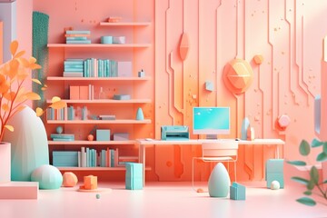 Fototapete - A Room With A Computer And A Plant In It And A Shelf With Books Library Animation Motion Graphics
