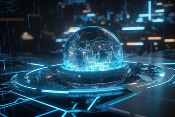Poster - A Futuristic Sphere With A Map Of The World In It On A Futuristic Surface Factory Animation Motion Graphics Generative AI 