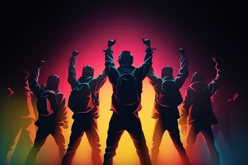 Fototapete - A Group Of People Standing In Front Of A Colorful Background With Arms Up Nightclub Animation Theater Performance Generative AI 
