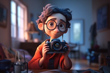 Poster - A Boy With Glasses Holding A Camera In A Living Room With A Window Movie Theater Animation Animation Filmmaking Generative AI 
