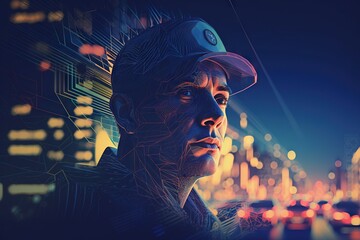 Poster - A Man With A Hat On Looking At The City Lights In The Distance Urban Street Digital Art Digital Illustration