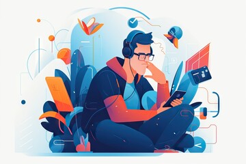 Poster - A Man Sitting On The Ground With A Laptop And Headphones Library Graphic Design Infographic Design Generative AI 