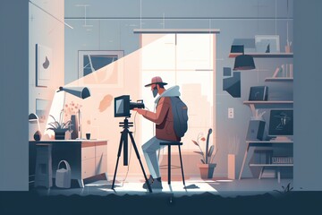 Poster - A Man Sitting In A Chair In Front Of A Camera On A Tripod Coffee Shop Animation Motion Graphics