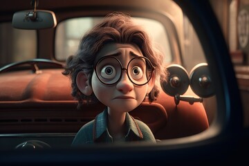 Poster - A Cartoon Character With Glasses Looking At The Camera In A Rear View Mirror Gas Station Animation Animation Filmmaking Generative AI 