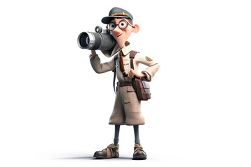 Poster - A Cartoon Man In A Trench Coat And Hat Holding A Camera Hostel Advertising Photography Animation Filmmaking Generative AI 