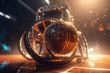 Poster - A Basketball Ball Is Sitting On A Wheel Chair In A Dark Room Basketball Court Animation Disability