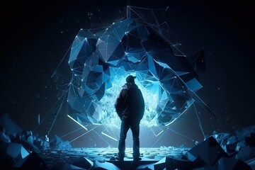 Poster - A Man Standing In Front Of A Blue And Black Background With A Geometric Design Iceberg Video Art Motion Graphics Generative AI 