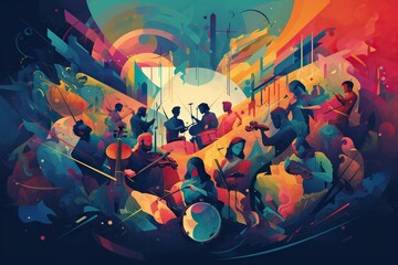 Poster - A Painting Of A Band Playing In A Colorful Room With A Large Amount Of Music Concert Hall Renaissance Film Scoring Generative AI 