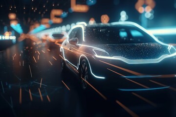 Poster - A Car Driving Down A City Street At Night With Neon Lights Car Dealership Long Exposure Photography Motion Graphics Generative AI 