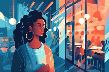 Poster - A Woman Standing In A Room With A Window And A Table Coffee Shop Graphic Design Workplace Wellness