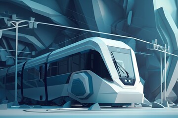 Poster - A Train Is Traveling Through A Tunnel With Wires Above It And A Blue Background Glacier Animation Trains Generative AI 
