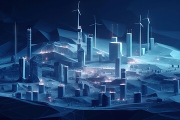 Poster - A Futuristic City With Wind Turbines And A Lot Of Buildings At Night Wind Farm Environmental Art Supply Chain Optimization Generative AI 