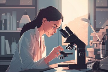 Poster - A Woman Looking Through A Microscope At Something In Front Of Her Factory Animation Science Writing Generative AI 