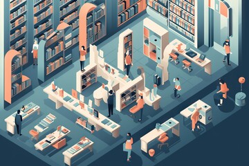 Fototapete - A Group Of People Standing Around A Library Filled With Books And Bookshelves Library Graphic Design Infographic Design Generative AI 