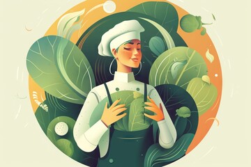 Poster - A Woman In A Chef's Outfit Holding A Cup Of Coffee Farm Stand Graphic Design Food Writing Generative AI 