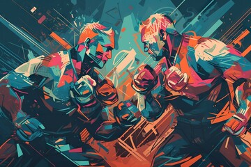 Poster - A Painting Of Two Men Riding Motorcycles In A Race With A Red And Blue Background Boxing Gym Typography Print Design Generative AI 