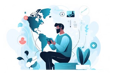 Poster - A Man Sitting On A Bench Looking At A Tablet Computer With A World Map In The Background Workshop Graphic Design Influencer Marketing Generative AI 