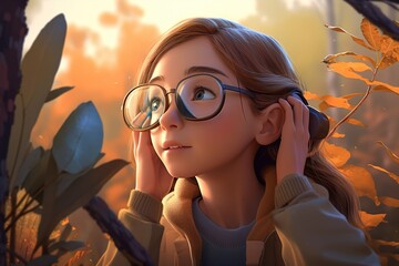 Poster - A Girl With Glasses Looking Up At Leaves And A Tree With Leaves Park Animation Animation Filmmaking