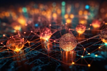 Fototapete - A Group Of Glowing Lights In A Dark Room With A Black Background Factory Product Photography Supply Chain Optimization Generative AI 