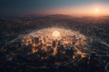 Poster - a city with a network of lights and a glowing light bulb modern city skyline in the morning with sun