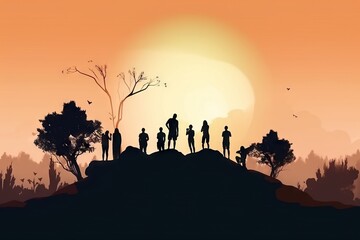 Wall Mural - A Group Of People Standing On Top Of A Hill At Sunset African Savanna At Sunset Environmental Art Motion Graphics Generative AI 