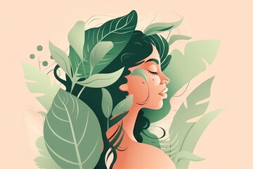 Poster - A Woman With Leaves Around Her Head And Eyes Closed With A Pink Background Rainforest Environmental Art Motion Graphics Generative AI 