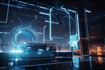 Poster - A Futuristic Car Is Driving Through A Futuristic City At Night Time Conference Room Animation Motion Graphics