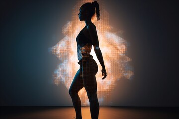 Poster - A Woman In A Black Top And A White Skirt Standing In Front Of A Bright Light Fitness Center Video Art Fitness Modeling Generative AI 